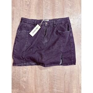 New Luvamia Denim Skirt Dark Wash Mini Slit Front Pockets Zip Fly Womens Size L